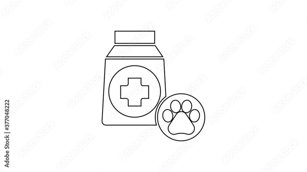Black line Bag of food for dog icon isolated on white background. Dog or cat paw print. Food for animals. Pet food package. 4K Video motion graphic animation. Black line Bag of food for dog icon isolated on white background. Dog or cat paw print. Food for animals. Pet food package. 4K Video motion graphic animation.