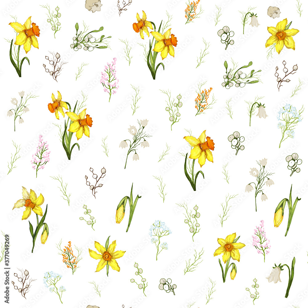 Obraz premium seamless Wallpaper of yellow flowers close-up. primroses flowers in the style of realism (doodling). modern sketch, pattern for design, Wallpaper, paper, printing, advertising.