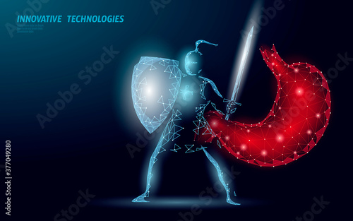 Human stomach microscopic 3D protection probiotics. Healthy normal digestion knight character flora of human intestine. Modern science medicine allergy immunity thearment vector illustration