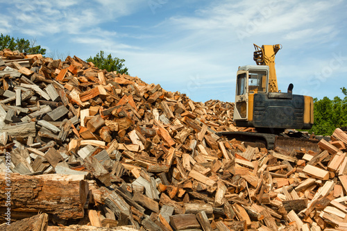 Logging site where trees from nearby forest are chopped and cut into wooden logs. These logs are then made into big piles and an excavator works on it. A concept image for deforestation and forestry.