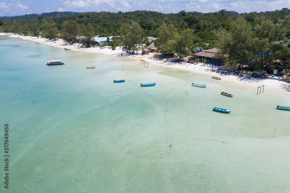 Aerial view of a beautiful sunny day over Koh Rong Samloem island, Cambodia