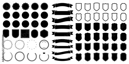 Set of black round, triangular and hexagonal badges and ribbons. Vector flat illustrations.