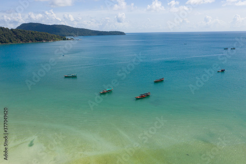 Aerial view of a beautiful sunny day over Koh Rong Samloem island, Cambodia