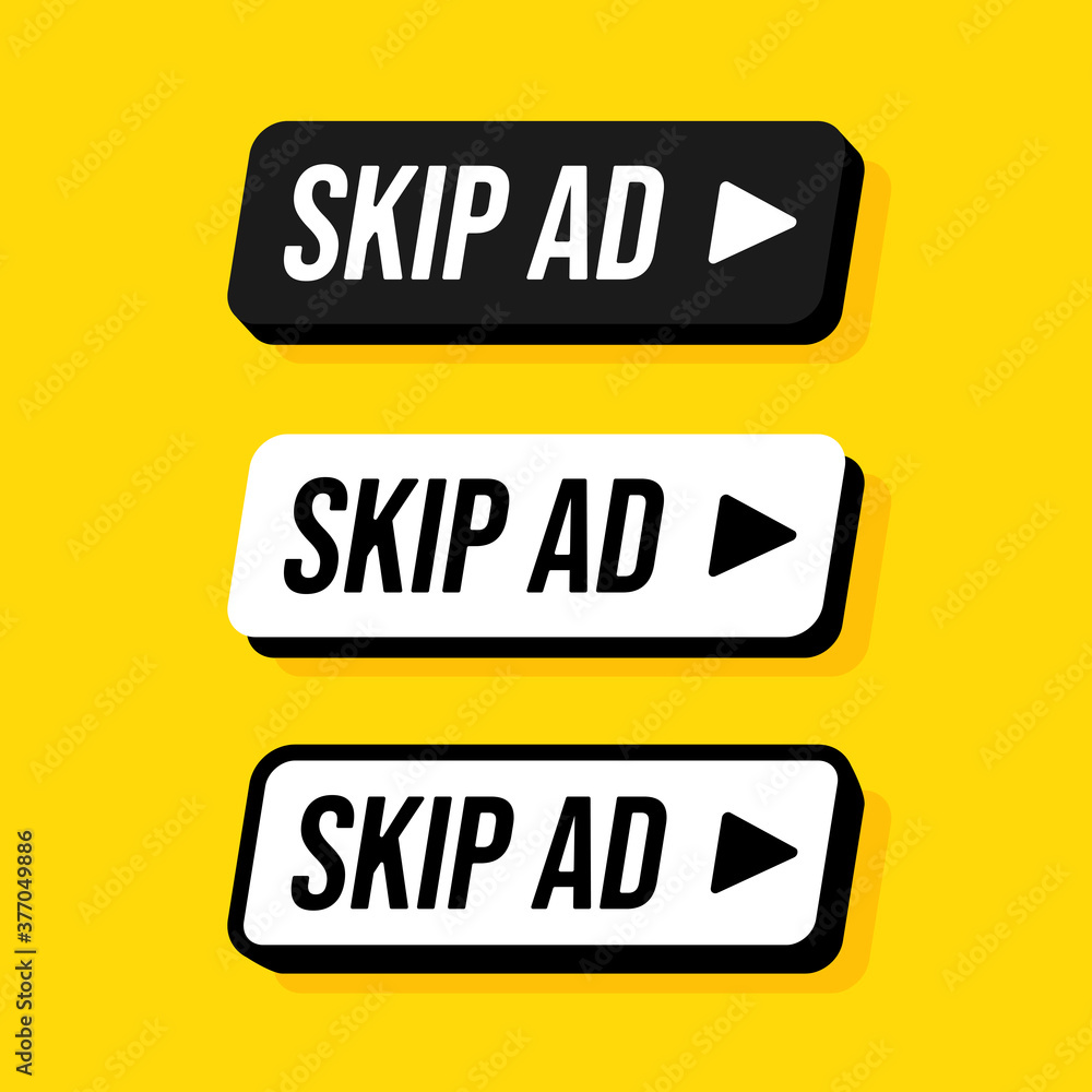Set of rounded rectangle skip ad button. Vector flat illustrations. Stop advertisement. Set of rounded rectangle skip ad button. Vector flat illustrations. Stop advertisement.