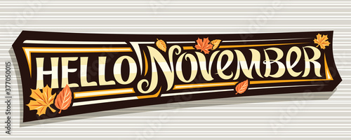 Vector lettering Hello November, black logo with curly calligraphic font, falling autumn leaves and decorative art stripes, greeting card with swirly unique lettering hello november on grey background