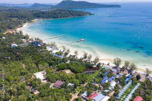 Long Beach on Koh Rong Samloem island in Cambodia, South-East Asia. top view, aerial view of a beautiful tropical island in Gulf of Thailand. With copy space texture for holiday design background.
