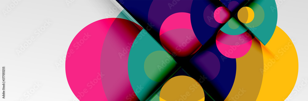Bright color circles, abstract round shapes and triangles composition with shadow effects. Vector modern geometric design template Bright color circles, abstract round shapes and triangles composition with shadow effects. Vector modern geometric design template