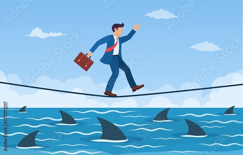 Businessman walking a tightrope over shark in water. Way to success. Obstacle on road. Risk management challenge. Success concept. Vector illustration in flat style.