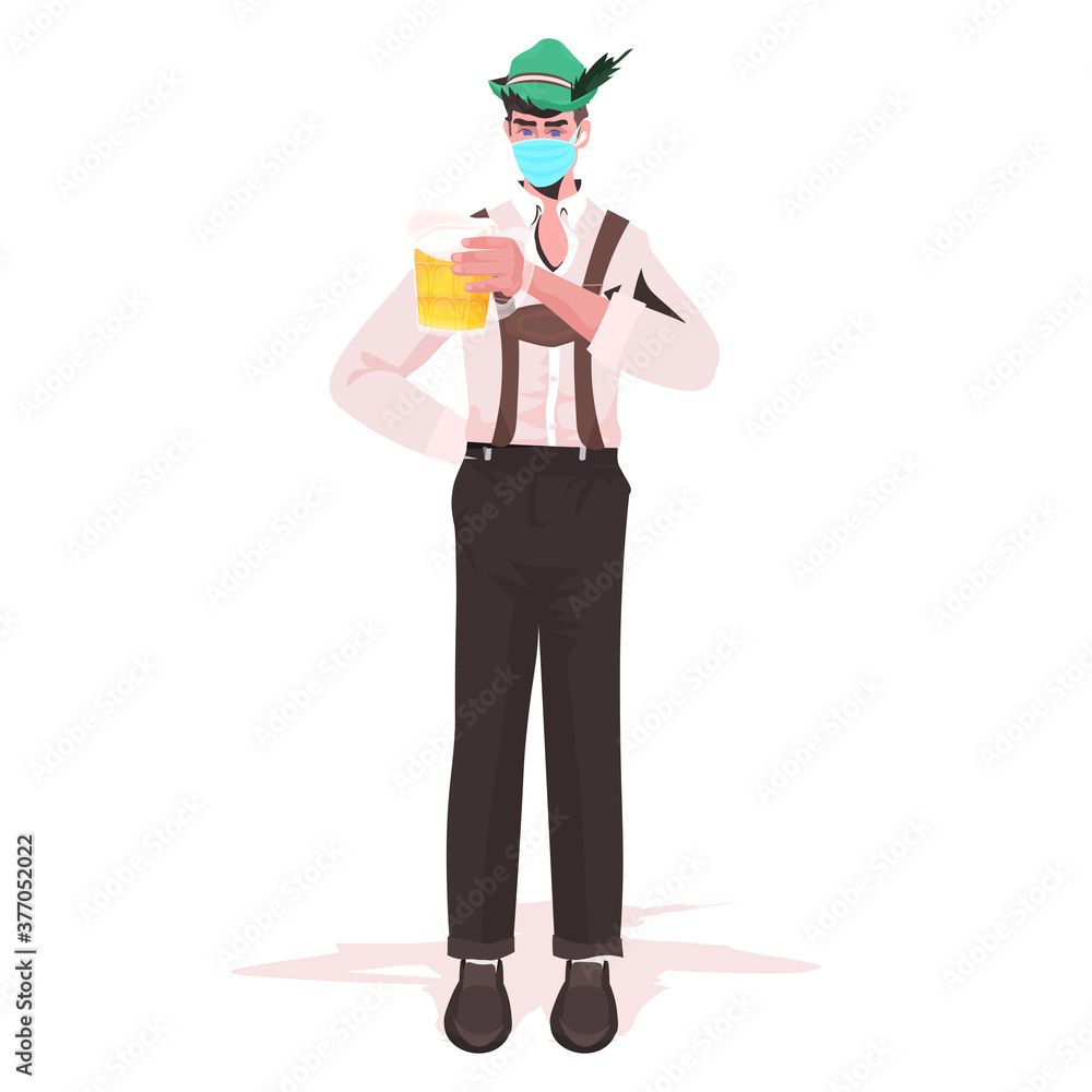 man in medical mask holding beer mug Oktoberfest party celebration coronavirus quarantine concept guy in german traditional clothes full length vector illustration man in medical mask holding beer mug Oktoberfest party celebration coronavirus quarantine concept guy in german traditional clothes full length vector illustration