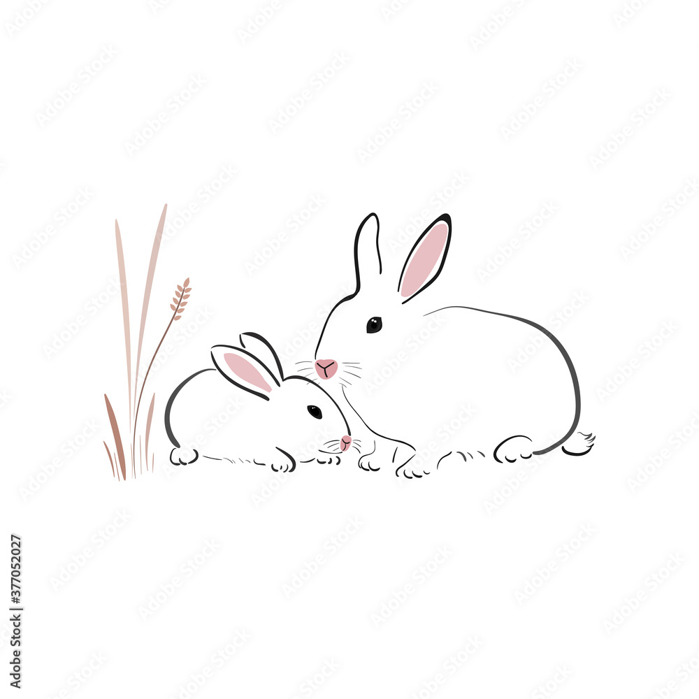 White rabbit with cub in japanese style on a white background. Bunny in simple style. Animal sketch. White rabbit with cub in japanese style on a white background. Bunny in simple style. Animal sketch.