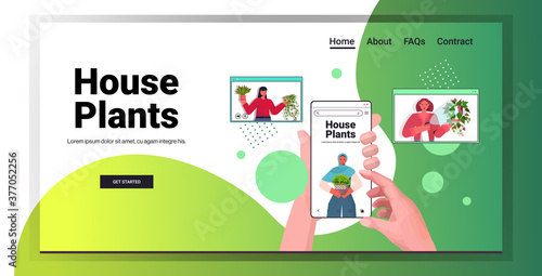 set women taking care of houseplants mix race housewives discussing during video call in web browser windows portrait horizontal copy space vector illustration