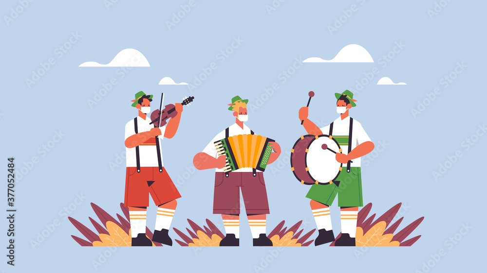 musicians playing musical instruments on folk festival Oktoberfest party celebration concept performers in german traditional clothes having fun full length horizontal vector illustration