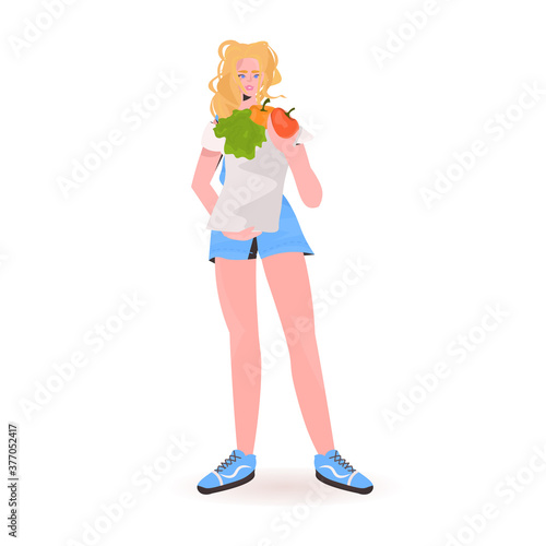 attractive woman holding paper shopping bag with fresh food full length vector illustration