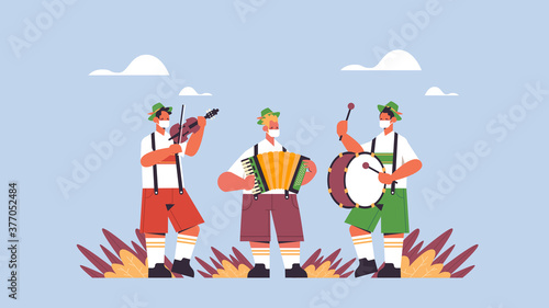 musicians playing musical instruments on folk festival Oktoberfest party celebration concept performers in german traditional clothes having fun full length horizontal vector illustration