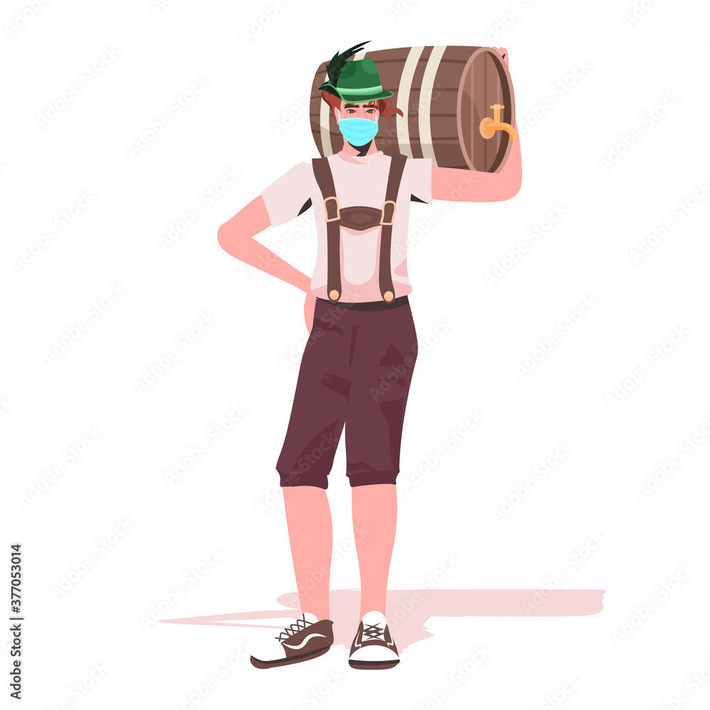 man in medical mask holding beer barrel Oktoberfest party celebration coronavirus quarantine concept guy in german traditional clothes full length vector illustration man in medical mask holding beer barrel Oktoberfest party celebration coronavirus quarantine concept guy in german traditional clothes full length vector illustration