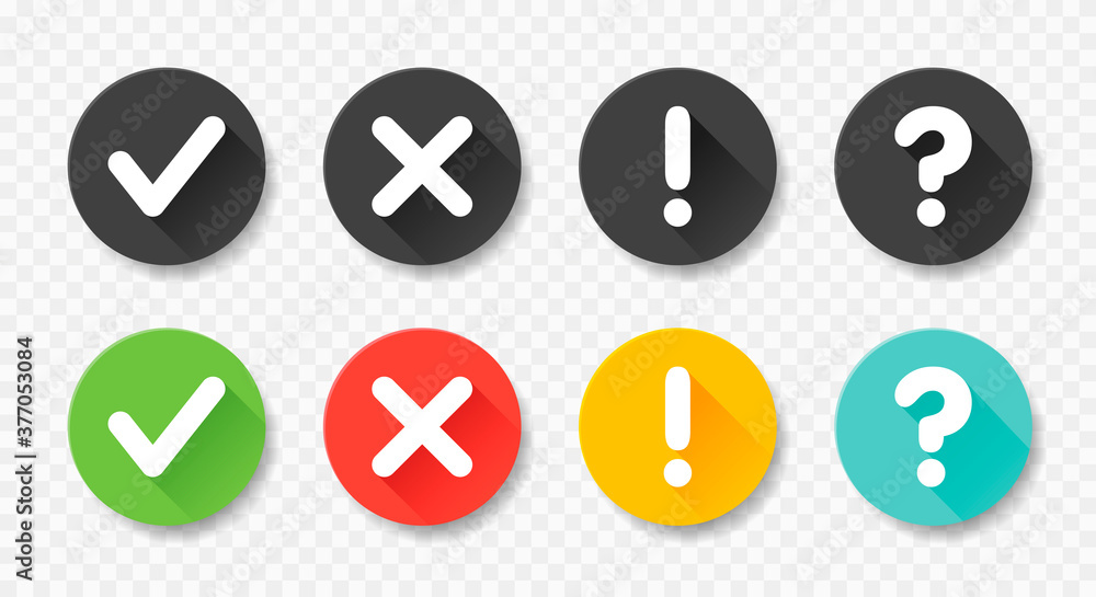 Collection round buttons with sign done, error, question mark, exclamation point. Vector flat illustrations. Collection round buttons with sign done, error, question mark, exclamation point. Vector flat illustrations.
