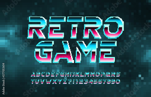 Retro Game alphabet font. Pixel letters, numbers and symbols. Digital background. 80s arcade video game typescript.