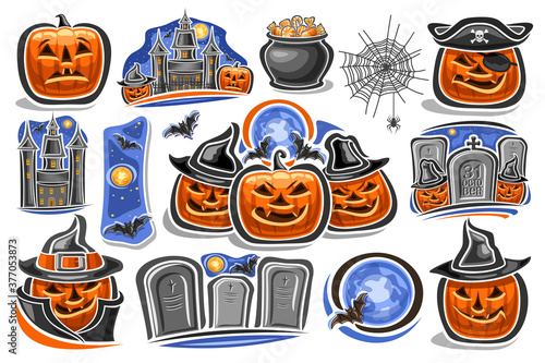 Vector set for Halloween holiday, 14 cut out illustrations with old castle on blue sky background and halloween Jack-o-Lanterns in hats and tombstone with unique letters for for words - 31 october.