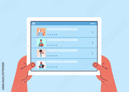 human hands using tablet pc choosing doctor in mobile app online medical consultation healthcare service medicine concept horizontal vector illustration