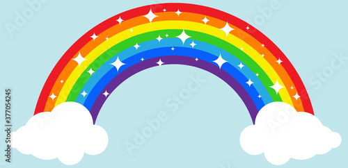 Rainbow. Rainbow with clouds on a blue background. Vector, cartoon illustration.