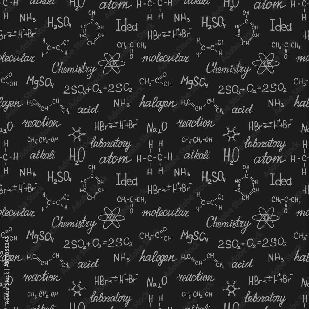 Seamless pattern with hand drawn chemistry formulas and elements. Vector science cartoon collection