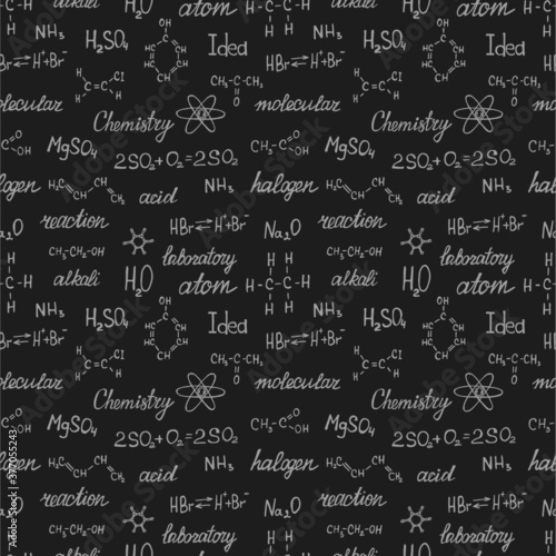 Seamless pattern with hand drawn chemistry formulas and elements. Vector science cartoon collection