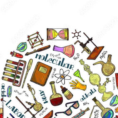 Composition with cute hand drawn chemistry elements. Vector science cartoon collection
