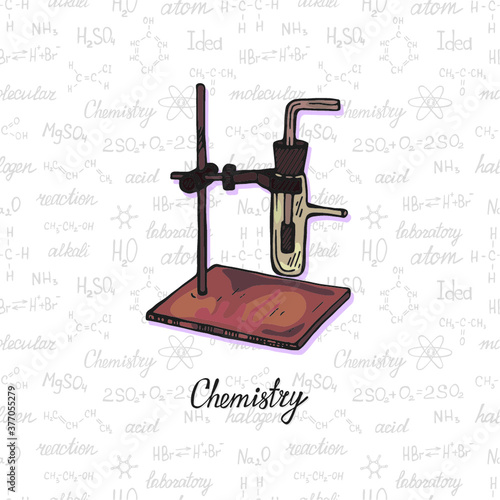 Cute hand drawn chemistry burner  on the backgraund with chemistry sormulas and elements. Vector science cartoon collection