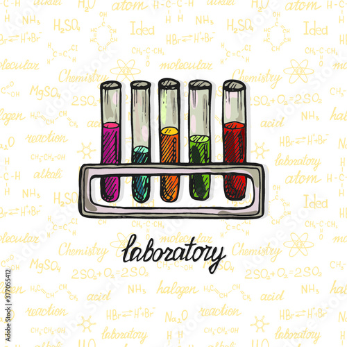 Cute hand drawn laboratory equipment on the background with chemistry formulas and elements. Vector science cartoon collection
