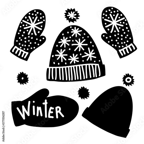 Isolated colorful vector black and white set of silhouettes winter beanie hat and mittens with star ornaments and pompoms. The design is perfect for banners, advertisements, decorations, stickers