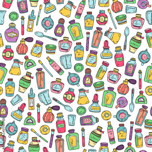 Background with perfume bottles, beakers and essential oils. Preparation of perfumes. Vector seamless pattern.