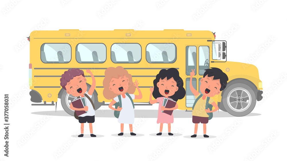 Happy children and a school bus. Children go to school. Yellow bus for school. Isolated. Vetkor.