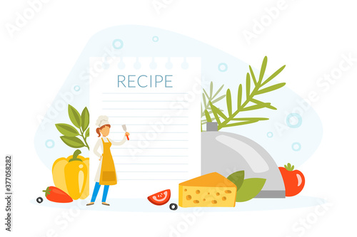 Woman Chef Cooking Healthy Dish in Restaurant Kitchen with Recipe, Tiny Kitchener Character in Uniform and Cap Vector Illustration