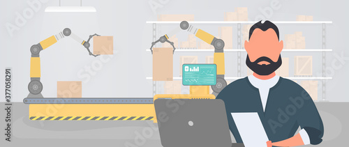 Large warehouse with boxes. Shelving unit with drawers and drawers. A man with a list of goods in his hands. A woman holds a bill in her hand. Carton boxes. Vector.