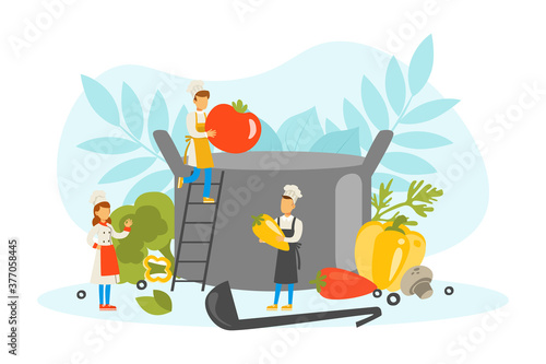 Restaurant Team Cooking Healthy Dish in Saucepan, Tiny Chef Characters in Uniform and Cap Cooking in Kitchen Vector Illustration
