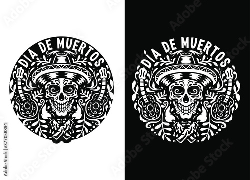 Vector hand drawn illustration of Mexican holiday "Día De Muertos". isolated on dark and bright background