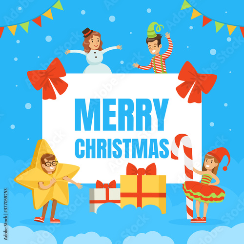 Merry Christmas Banner Template, Cute Happy Kids Celebrating Holiday Wearing Masquerade Costumes Cartoon Vector Illustration
