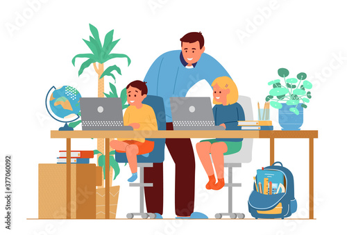 Homeschooling Concept. Father Or Tutor Teaching Kids At Home. Girl And Boy Sitting At Desk At Laptops. Flat Vector Illustration.