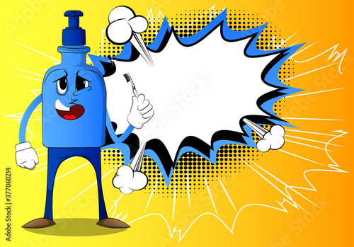 Cartoon bottle of hand sanitizer gel with face holding toothbrush.