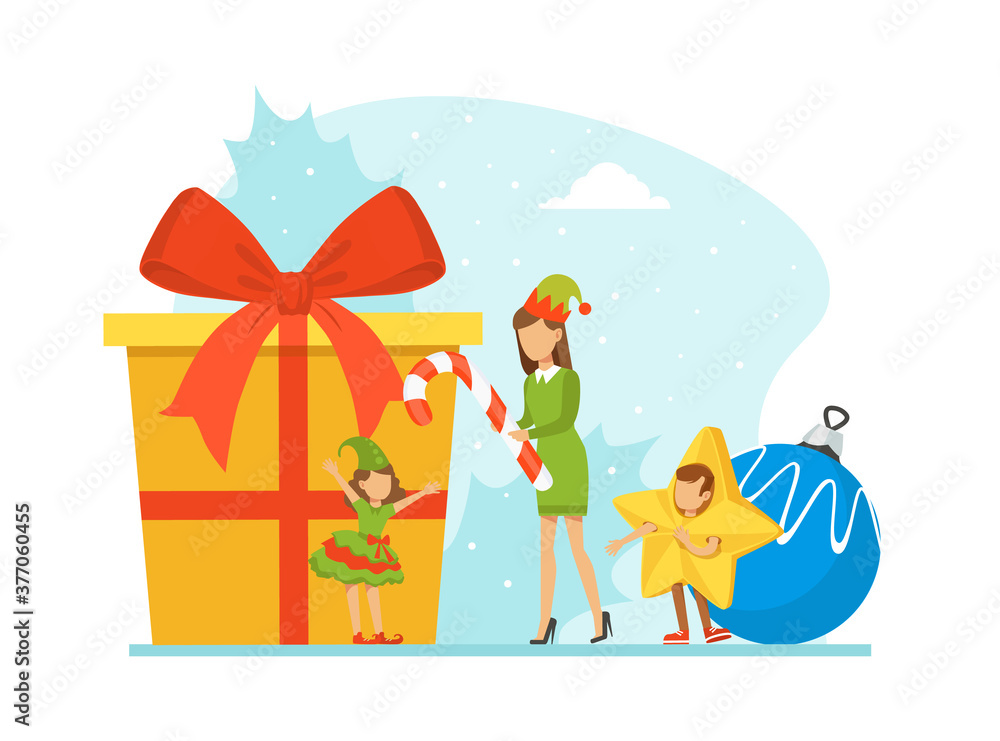 Naklejka premium Tiny People Celebrating Holiday Wearing Masquerade Costumes, Merry Christmas and Happy New Year Cartoon Vector Illustration
