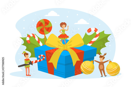 Cute Tiny Kids Celebrating Holiday Wearing Masquerade Costumes, Merry Christmas and Happy New Year Cartoon Vector Illustration