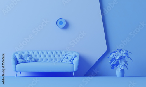 Interior of the room in plain monochrome pastel blue color with furnitures and room accessories. Light background with copy space. 3D rendering for web page, presentation or picture frame backgrounds. photo