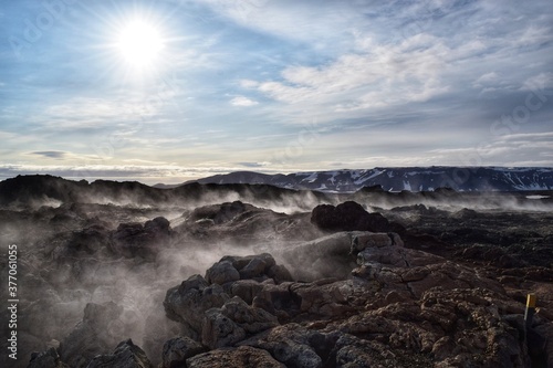 Smoke rising from volcanic rocks, Iceland