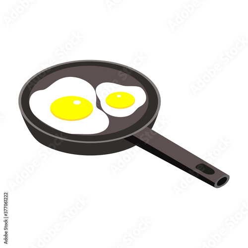 Frying pan isometric icon. Fried eggs in a frying pan vector icon for web design isolated on white
background.
Traditional breakfast food illustration.