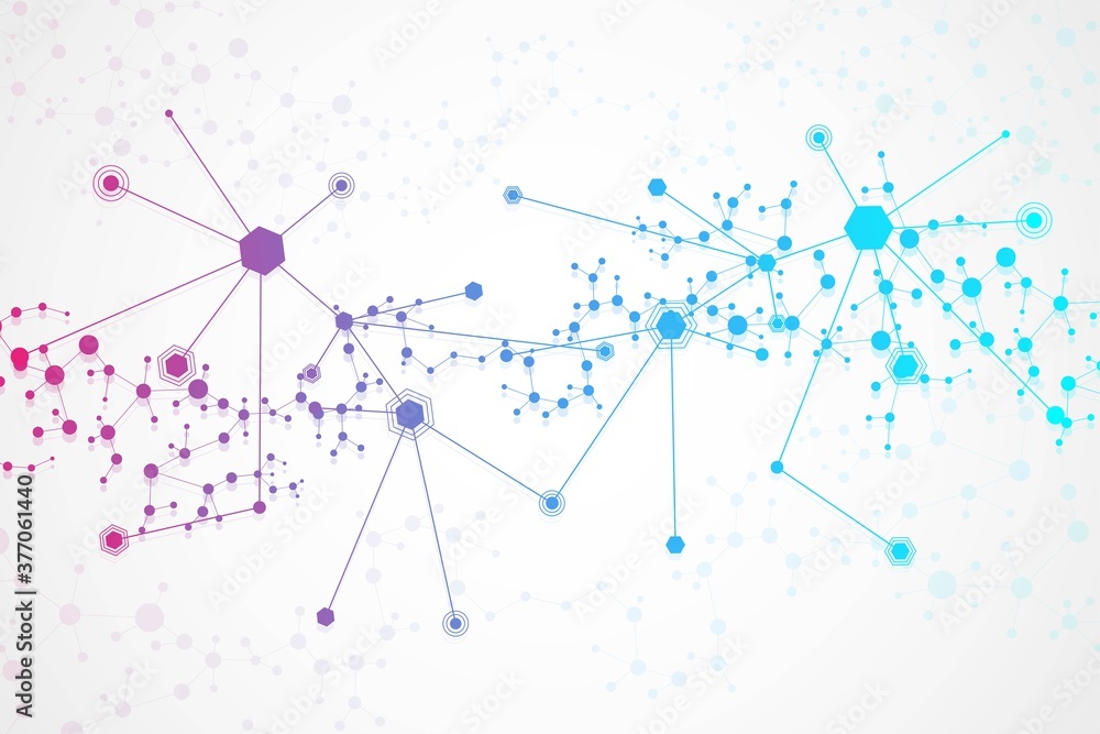 Obraz premium Structure molecule and communication. Dna, atom, neurons. Scientific concept for your design. Connected lines with dots. Medical, technology, chemistry, science background. illustration.