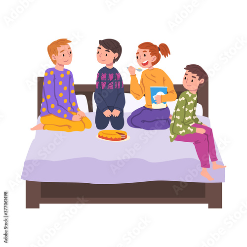 Cute Children Sitting on Bed Wearing Pajamas, Friends Having Slumber Party Cartoon Style Vector Illustration