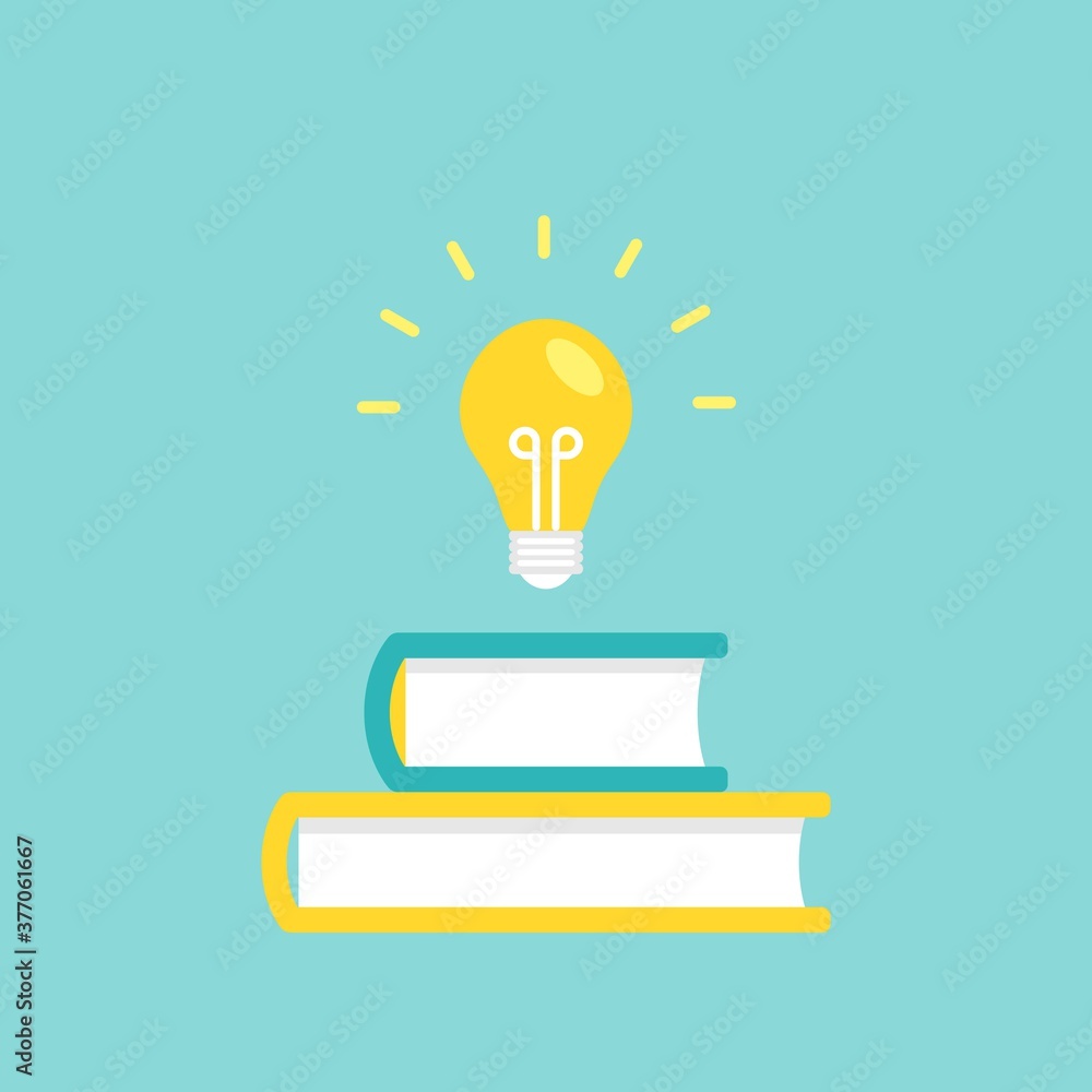 stack of books with shining bulb flying out. Flat icon isolated on blue background. stack of books with shining bulb flying out. Flat icon isolated on blue background.
