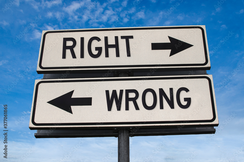 Right vs wrong. White two street signs with arrow on metal pole with word. Directional road. Crossroads Road Sign, Two Arrow. Blue sky background. Two way road sign with text. Right vs wrong. White two street signs with arrow on metal pole with word. Directional road. Crossroads Road Sign, Two Arrow. Blue sky background. Two way road sign with text.