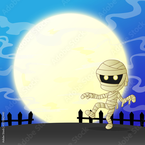 Halloween concept, Mummy walking on blue background with a full moon