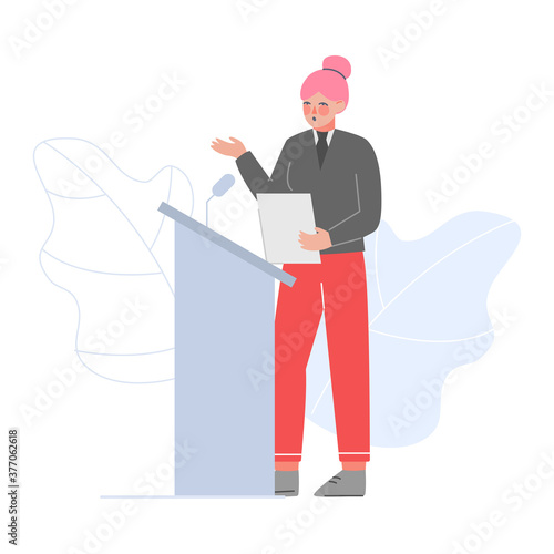 Businesswoman or Politician Standing Behind Rostrum and Giving Speech, Woman Public Speaker Giving Talk at Business Conference Vector Illustration